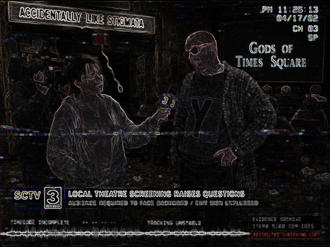 A traced broadcast image breaking into white edges