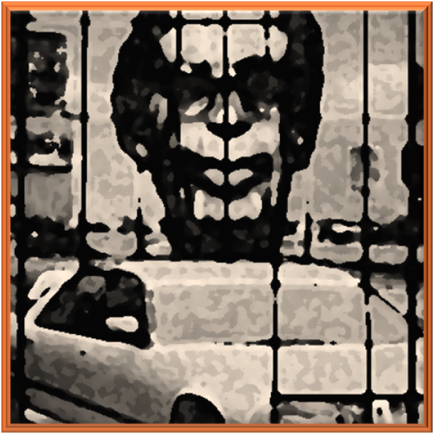 A large face floating over a van