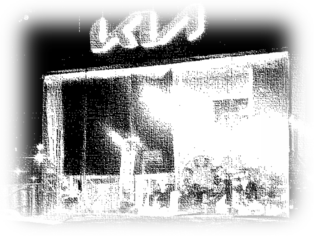 A degraded black-and-white view of an impossible interior