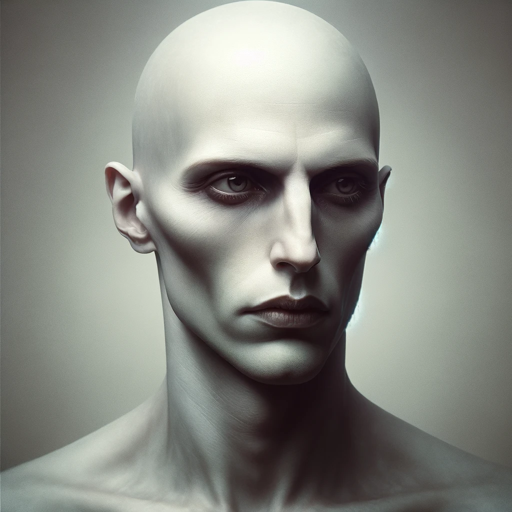 A pale bald witness staring out of a grey field