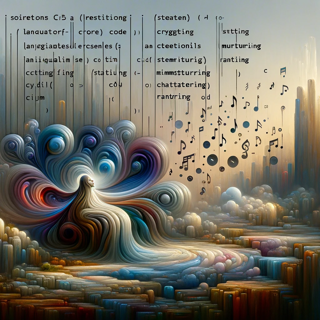 A figure dissolving into typographic voices and painted waves