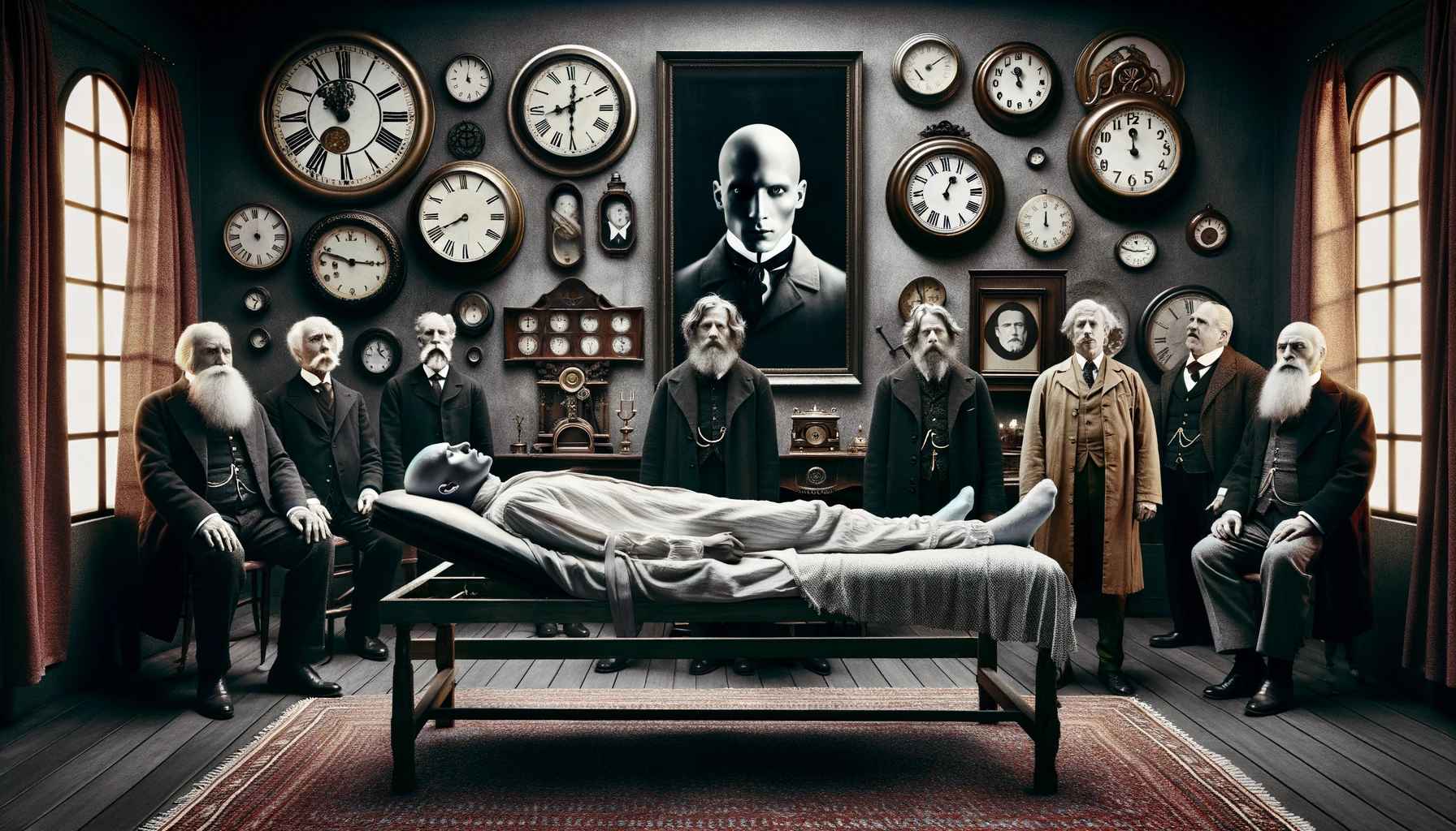 A monochrome inquest room surrounded by clocks and silent witnesses