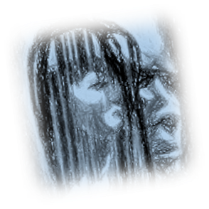 Two figures fused into a blue-grey valence portrait